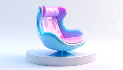Glossy, futuristic chair with gradient colors, on a circular platform