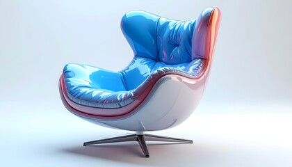 Futuristic, glossy blue armchair with red accents, on a white pedestal