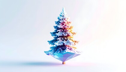 Miniature frosted fir tree atop a geometric, levitating crystal base