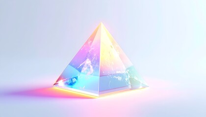 Rendered prism pyramid glowing, refracting light. White background