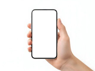 Smartphone mockup with blank screen in hand for design presentation on white background