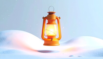 Orange lantern illuminates snowy landscape; whimsical, inviting scene