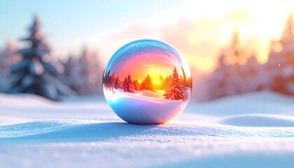 Crystal ball reflecting a sunset in winter forest, snow foreground