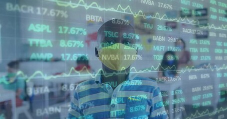 Animation of data processing over african american schoolboy with face mask - Powered by Adobe