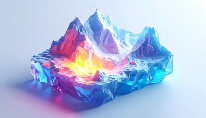 A cubic landscape featuring color-shifting, geometric mountains and glowing core