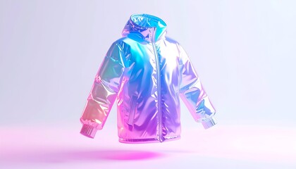 Holographic puffer jacket floats in vibrant, gradient-lit studio space