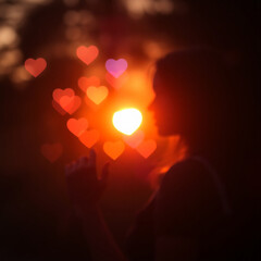 Vibrant and delicate heart shaped light bokeh with soft pink, blue, and purple glows, blending harmoniously to evoke a romantic and intimate mood, with gentle, feathery edges and a warm, ethereal