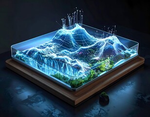 Illuminated landscape within a glass cube, data visualization