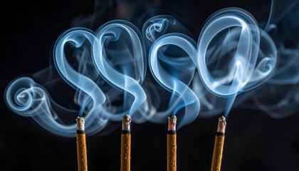 Incense sticks release stylized wisps of smoke against a black backdrop