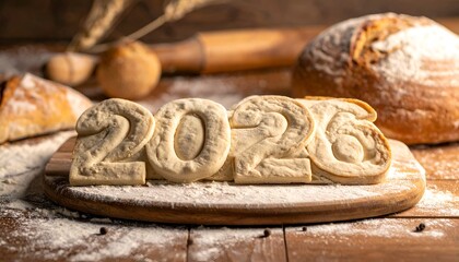 Dough numbers 2023 on wooden board with baked goods