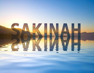 SAKINAH" reflective text over serene water and a colorful sunset