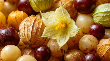 Detailed macro shot of colorful cape gooseberries, showcasing a yellow flower among the fruit, highlighting textures and tones. A unique botanical showcase.