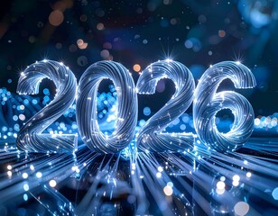 Shiny, futuristic "2026" with light trails and bokeh