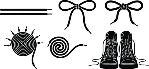 Black flat design of shoelaces in various styles including straight pair knot bow spiral loop and lace high top sneaker boots illustration