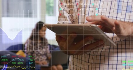 Animation of data processing over caucasian businessman using tablet