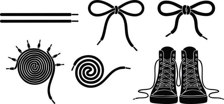 Black flat design of shoelaces in various styles including straight pair knot bow spiral loop and lace high top sneaker boots illustration