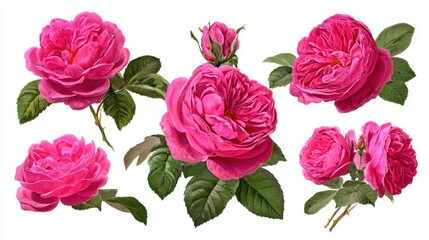 Vibrant pink roses in full bloom with green leaves