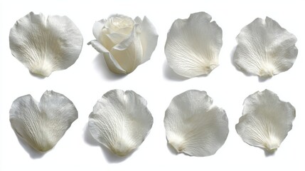 Collection of delicate white rose petals on white background