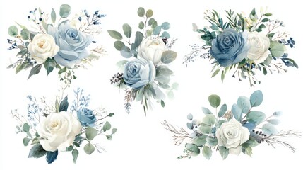 Delicate blue and white floral arrangements with greenery