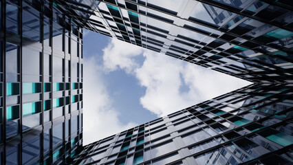 Triangular view of sky framed by modern glass skyscrapers, reflecting clouds and creating dynamic architectural perspective. scene evokes sense of openness and innovation., 3d rendering © nuchao