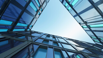 Dynamic view of modern glass skyscrapers forming triangular shape against clear blue sky, showcasing contemporary architecture and urban design., 3d rendering © nuchao