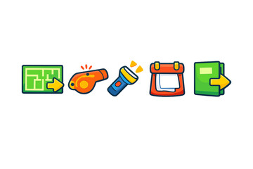 Set of five colorful game icons with navigation, warning, light, and planning themes