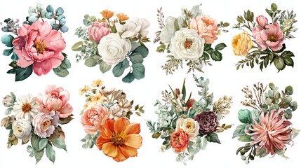 Delicate watercolor floral arrangements in pastel tones