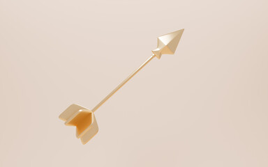 Gold arrow isolated in the yellow background. Shooting game, dartboard equipment. 3d rendering.