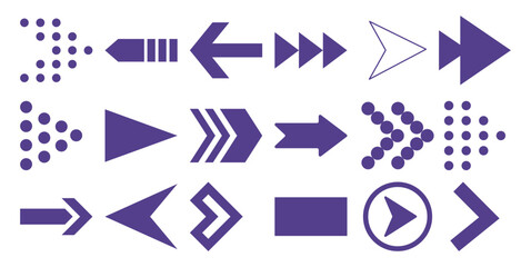 Collection of diverse purple arrow shapes and directional symbols white