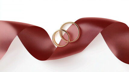 Wedding rings on red silk ribbon on empty white background . romantic love concept animation. Copy space. Valentine's Day
