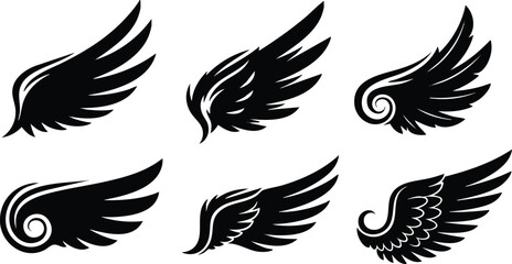 Obraz premium Black silhouette wing set with six different flying feather designs in vector art style isolated on white background with sharp edges and smooth curves