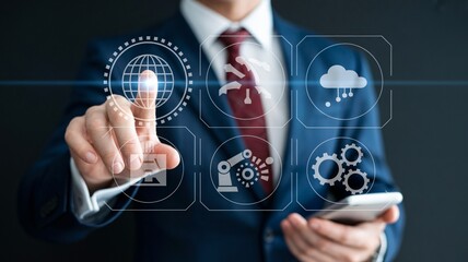 Businessman interacting with futuristic technology interface