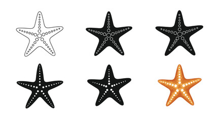 Set of six starfish icons, including outline, silhouette and color variations, perfect for marine life, ocean, or sea creature design projects