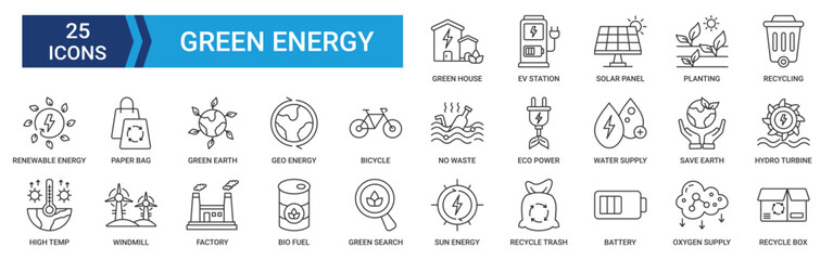 Green energy icons set. Containing green house, ev station, solar panel, planting, recycling and renewable energy icons. Outline icons collection. Vector illustration.