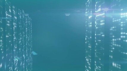 Animation of moving columns and light trails on blue background - Powered by Adobe