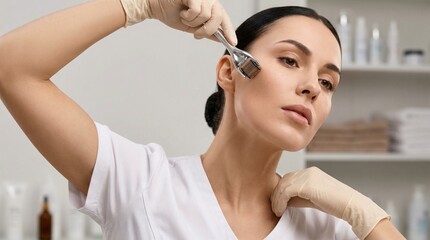 Female cosmetologist applying derma roller on face in beauty salon  