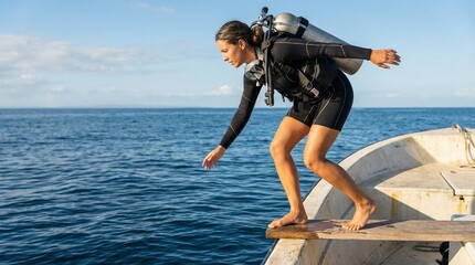 Female diver preparing to jump off boat into ocean water  