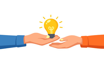 Two hands exchanging a glowing light bulb