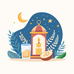 Fototapeta premium Illustration of a lantern with a candle, dates, and foliage against a starry night sky with a crescent moon, conveying a peaceful and serene mood.