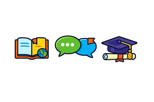 Icons representing education, communication, and graduation
