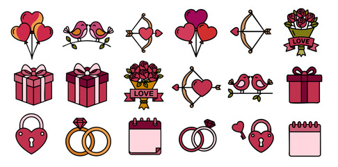 Valentines day love icons romantic symbols hearts gifts collection