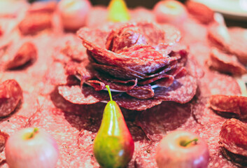 Close-up of an attractive platter of sausage or rosette