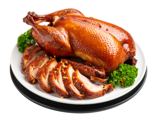 Osmanthus-infused Crispy Roasted Duck served in a dish Isolated on Transparent or White Background