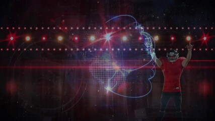 Animation of digital globe with connecting lines and player showing rugby ball against stage lights