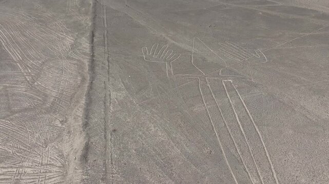 AERIAL of the Nasca lines (Lizard) in the desert of Peru