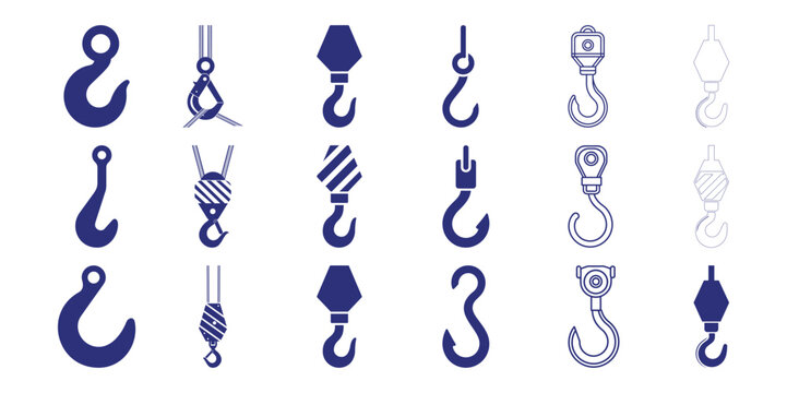 Collection of dark blue crane hooks and lifting equipment industrial