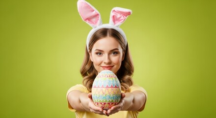 Easter celebration with woman holding colorful egg in bunny ears on green background