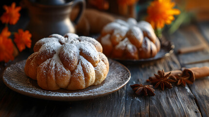 Still life of sweet pastries on wooden table, dusted with powdered sugar.  Anise stars and cinnamon sticks add a spice. Rustic setting perfect for fall baking.