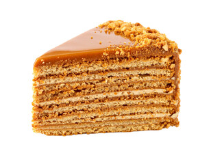 Fototapeta premium Slice of delicious layered honey cake isolated on transparent or white background