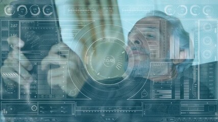 Animation of interface with data processing over caucasian man using digital tablet lying on couch - Powered by Adobe